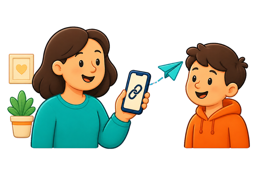 A mother shares a test link with her child